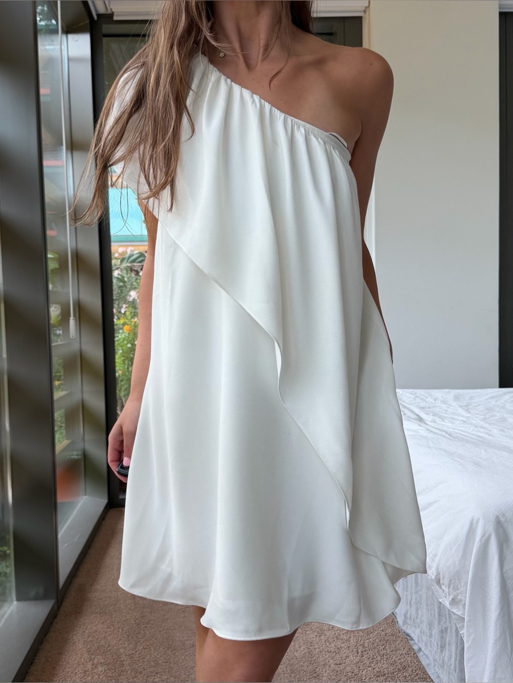Trina Turk Summer White Flowy One Shoulder Dress